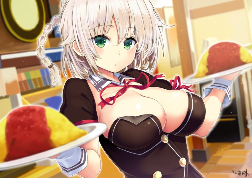 1girl blurry braid breasts cleavage depth_of_field detached_collar detached_sleeves female food green_eyes hair_bun kawakami_masaki large_breasts looking_at_viewer nora_to_oujo_to_noraneko_heart omurice parted_lips shachi_yuri short_hair side_braid silver_hair solo tray waitress wrist_cuffs