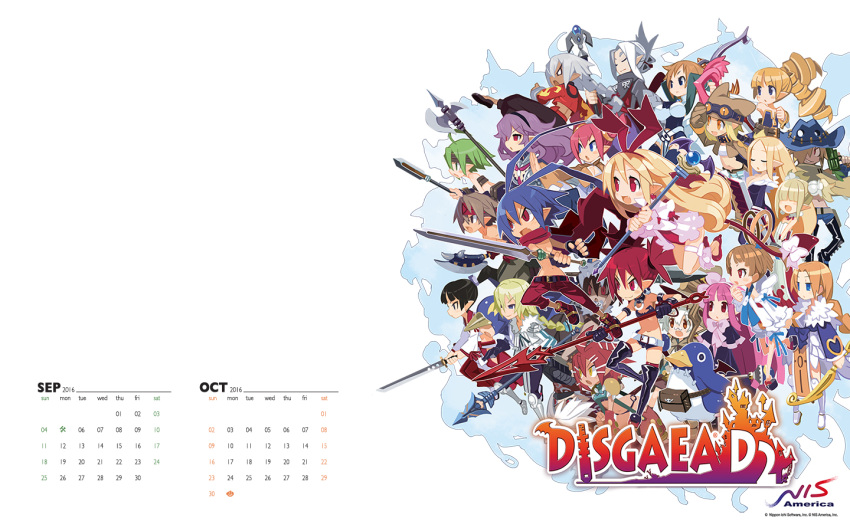 2016 6+boys 6+girls animal antenna_hair archer_(disgaea) armor arms_up axe beast_master_(disgaea) belt bird black_hair blonde_hair blue_eyes blue_hair blush brown_eyes brown_hair calendar company_name copyright_name disgaea disgaea_d2 empty_eyes etna everyone fang fangs female_angel_(disgaea) female_brawler_(disgaea) female_warrior_(disgaea) flonne flonne_(fallen_angel) full_body fur_trim goggles goggles_on_hat gradient green_eyes green_hair gunner_(disgaea) hairband halberd harada_takehito healer_(disgaea) heavy_knight_(disgaea) laharl logo mage_(disgaea) magic_knight_(disgaea) male_angel_(disgaea) male_brawler_(disgaea) male_healer_(disgaea) male_warrior_(disgaea) masked_hero_(disgaea) multiple_boys multiple_girls navel ninja_(disgaea) official_art onmyo_monk_(disgaea) open_mouth penguin polearm prinny purple_hair red_eyes redhead rod ronin_(disgaea) serious shaman_(disgaea) short_shorts shorts sicily_(disgaea) silver_hair simple_background skull_(disgaea) smile spear staff sword teeth thief_(disgaea) violet_eyes wallpaper wand weapon white_background widescreen wings