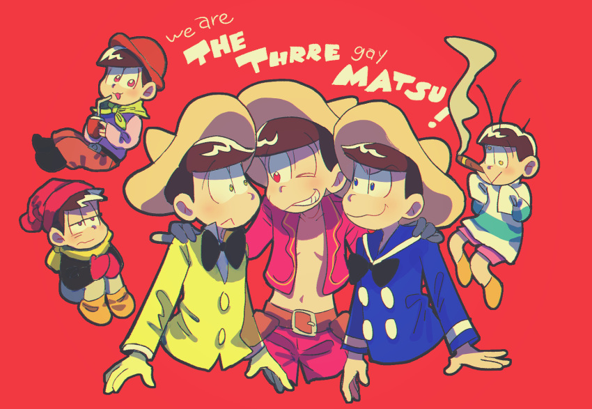 6+boys beanie bow bowtie brothers brown_hair cigar cropped_jacket crossover disney donald_duck donald_duck_(cosplay) english hat highres jose_carioca jose_carioca_(cosplay) male_focus matsuno_choromatsu matsuno_ichimatsu matsuno_juushimatsu matsuno_jyushimatsu matsuno_karamatsu matsuno_osomatsu matsuno_todomatsu miniboy multiple_boys one_eye_closed osomatsu-kun osomatsu-san panchito_pistoles panchito_pistoles_(cosplay) red_background risao sailor scarf sextuplets siblings simple_background sleeves_past_wrists smile smoking sombrero the_three_caballeros upper_body