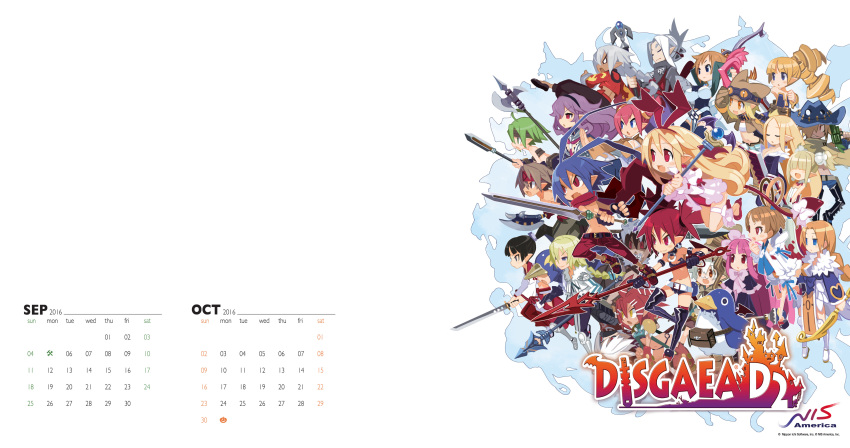 2016 6+boys 6+girls absurdres animal antenna_hair archer_(disgaea) armor arms_up axe beast_master_(disgaea) belt bird black_hair blonde_hair blue_eyes blue_hair blush brown_eyes brown_hair calendar company_name copyright_name disgaea disgaea_d2 empty_eyes etna everyone fang fangs female_angel_(disgaea) female_brawler_(disgaea) female_warrior_(disgaea) flonne flonne_(fallen_angel) full_body fur_trim goggles goggles_on_hat gradient green_eyes green_hair gunner_(disgaea) hairband halberd harada_takehito healer_(disgaea) heavy_knight_(disgaea) highres laharl logo mage_(disgaea) magic_knight_(disgaea) male_angel_(disgaea) male_brawler_(disgaea) male_healer_(disgaea) male_warrior_(disgaea) masked_hero_(disgaea) multiple_boys multiple_girls navel ninja_(disgaea) official_art onmyo_monk_(disgaea) open_mouth penguin polearm prinny purple_hair red_eyes redhead rod ronin_(disgaea) serious shaman_(disgaea) short_shorts shorts sicily_(disgaea) silver_hair simple_background skull_(disgaea) smile spear staff sword teeth thief_(disgaea) violet_eyes wallpaper wand weapon white_background widescreen wings