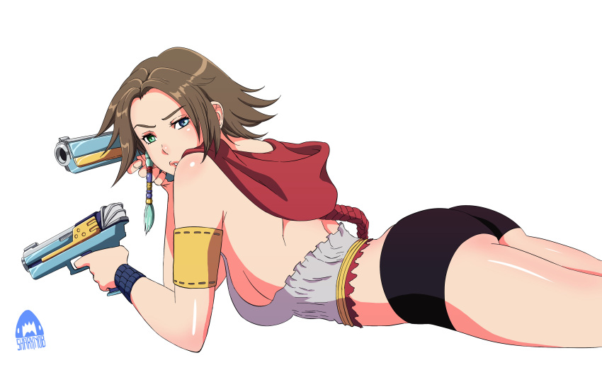 00s 1girl ass bare_shoulders brown_hair final_fantasy final_fantasy_x final_fantasy_x-2 gun handgun heterochromia hood looking_at_viewer lying on_stomach sharknob short_shorts shorts side_view solo weapon yuna