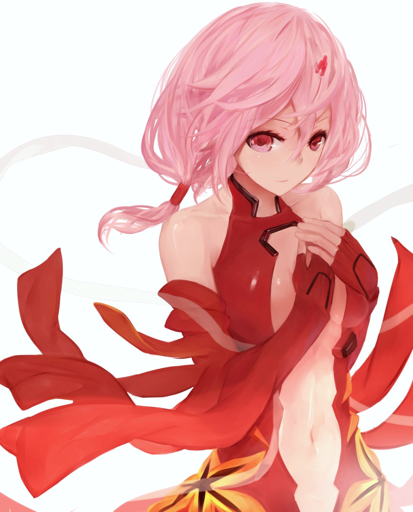 1girl bare_shoulders breasts center_opening cleavage detached_sleeves elbow_gloves fingerless_gloves gloves guilty_crown hair_ornament hairclip hands_on_own_chest highres kisei2 long_hair looking_at_viewer navel pink_hair red_eyes smile solo twintails yuzuriha_inori
