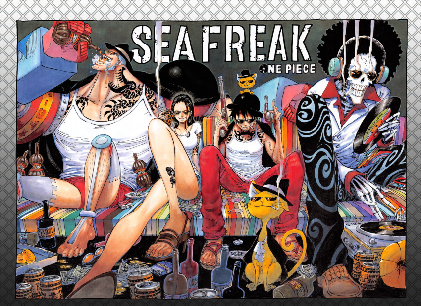1girl 3boys afro alcohol beer_can bottle brook cat cigarette color_spread couch food franky hat money monkey_d_luffy multiple_boys nico_robin oda_eiichirou official_art one_piece phonograph pizza record sitting skeleton smoking soda_bottle sunglasses tattoo
