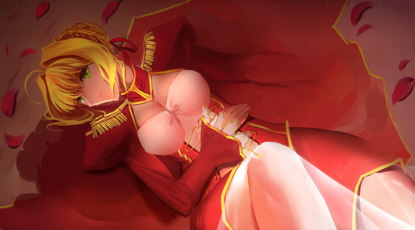 1girl absurdres blonde_hair braid breasts cleavage cleavage_cutout dress epaulettes fate/extra fate_(series) green_hair hand_on_own_stomach hei_tong_shi highres long_hair looking_at_viewer lying on_back petals puffy_sleeves saber_extra see-through solo