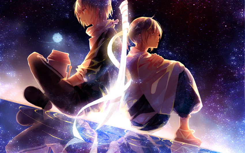 2boys back-to-back bandage bangs black_hair dutch_angle from_side full_body hakama japanese_clothes male_focus multiple_boys night night_sky noragami ponytail reflection ripples sail_mio scarf shoes shrine sitting sky sleeves_pushed_up space tears track_suit waraji yato_(noragami) yukine_(noragami)