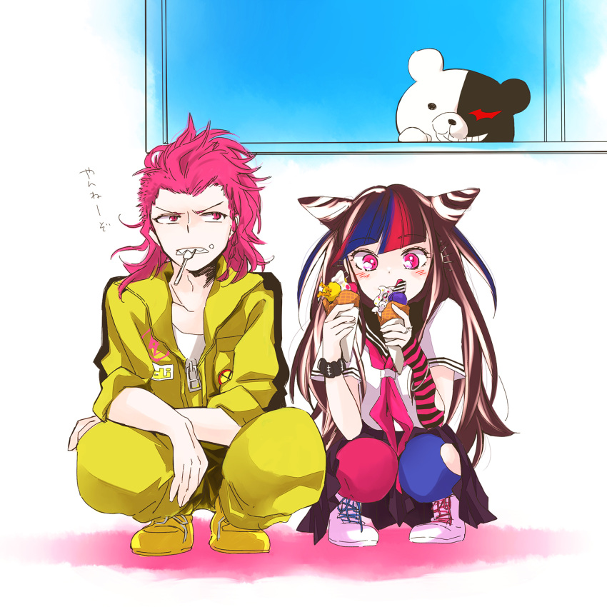 1boy 1girl bangle bangs black_hair blue_hair blunt_bangs blush braid dangan_ronpa double_bun ear_piercing earrings fingerless_gloves food food_on_face frown highres ice_cream jumpsuit long_hair matching_hair/eyes mioda_ibuki monokuma mouth_hold multicolored_hair no_hat pink_eyes pink_hair red_hair ring school_uniform scrunchie serafuku sharp_teeth side_braid single_glove sleeves_rolled_up slit_pupils sneakers souda_kazuichi sparkle_eyes spoon squatting streaked_hair striped_gloves super_dangan_ronpa_2 thighhighs torn_thighhighs unzipped white_hair window wrist_scrunchie zipper