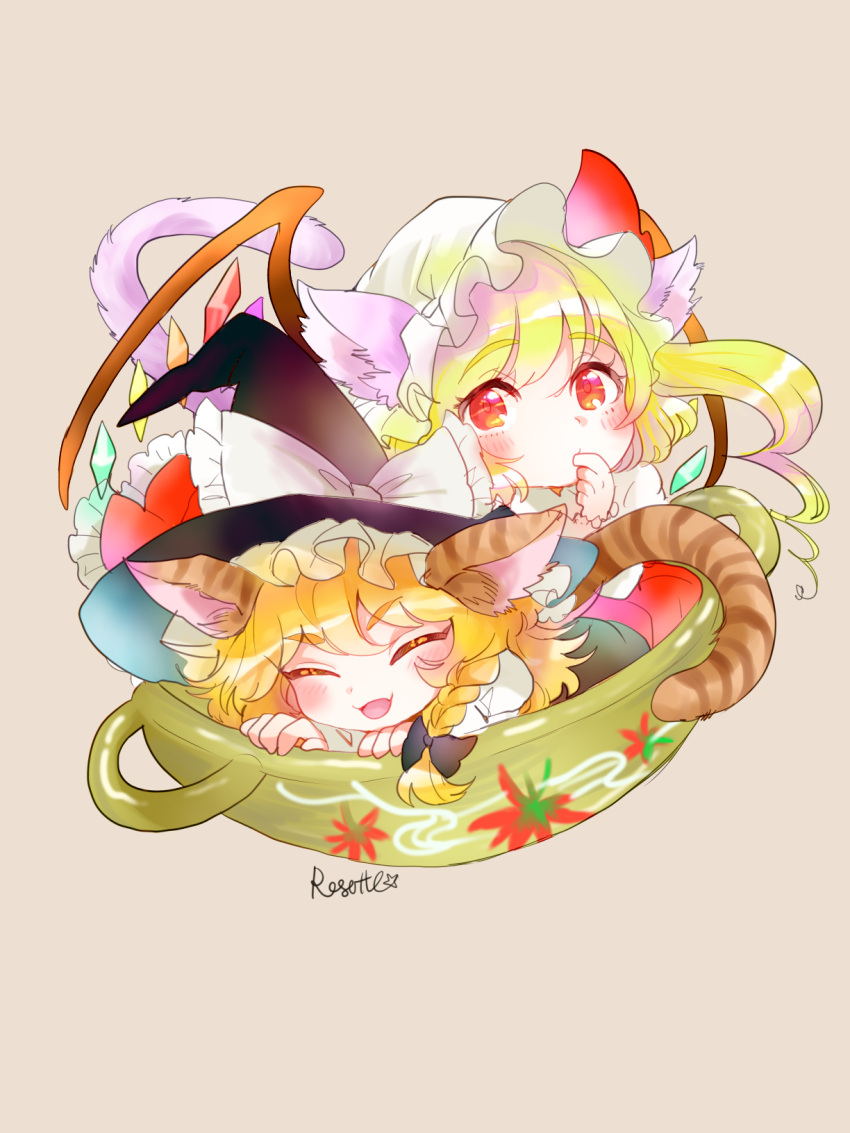 2girls ^_^ animal_ears artist_name beige_background black_bow blonde_hair blush bow bowl braid cat_ears cat_tail chibi closed_eyes demon_wings dress fangs finger_in_mouth finger_licking flandre_scarlet hair_bow handle hat hat_bow highres in_bowl in_container kemonomimi_mode kirisame_marisa licking looking_at_viewer multiple_girls red_dress red_eyes rosette_(roze-ko) simple_background single_braid tail touhou vampire wings witch witch_hat