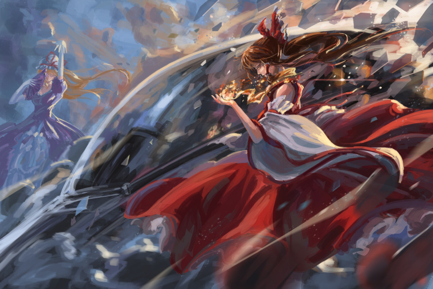 2girls adapted_costume arm_up armband ascot backlighting bow breasts brown_hair debris detached_sleeves dress elbow_gloves faceless fan flame folding_fan gloves hair_bow hair_tubes hakurei_reimu half-closed_eyes hand_up hat hat_ribbon highres layered_dress light_particles light_trail long_ponytail long_skirt mob_cap multiple_girls parted_lips profile purple_dress red_skirt ribbon sidelocks skirt sleeveless song_ren sunlight touhou white_dress white_gloves wide_sleeves wind yakumo_yukari