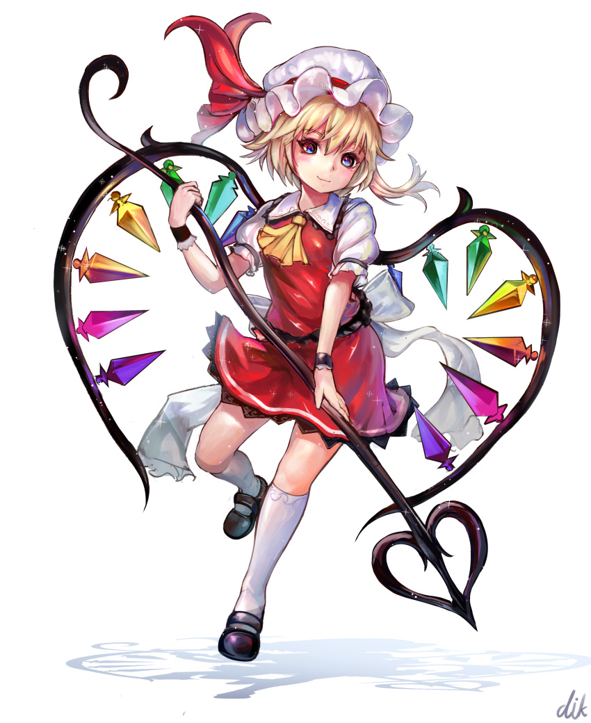 1girl absurdres ascot blonde_hair blue_eyes dikko dress flandre_scarlet hat hat_ribbon heart heart_wings highres laevatein mary_janes md5_mismatch mob_cap puffy_short_sleeves puffy_sleeves red_dress ribbon sash shirt shoes short_sleeves side_ponytail signature smile solo touhou wings wrist_cuffs