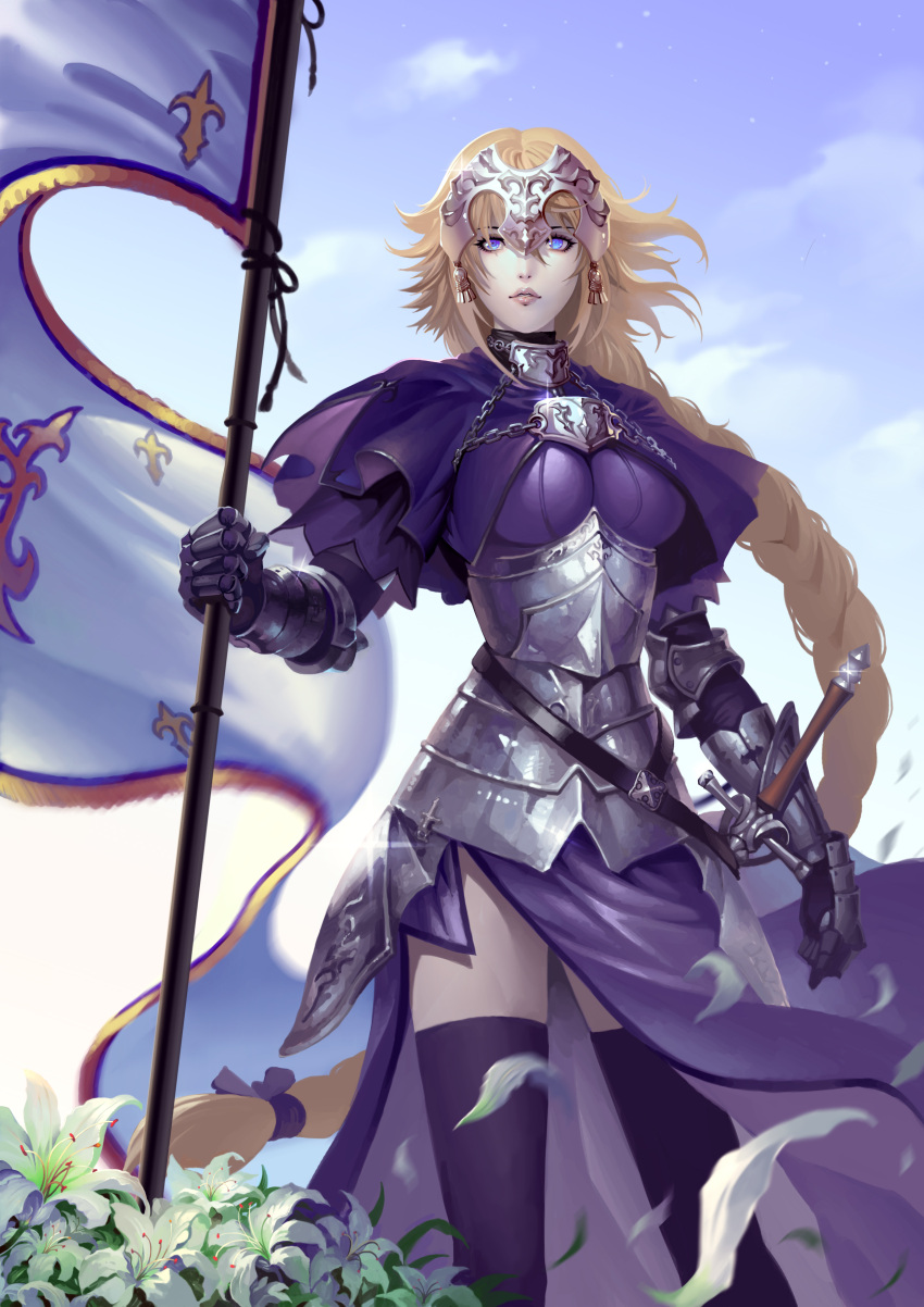 1girl absurdres armor blonde_hair blue_eyes braid capelet chains clouds fate_(series) flower gloves gorget highres hilt lily_(flower) lips long_hair low-tied_long_hair petals ruler_(fate/apocrypha) single_braid sky solo standard_bearer sword thigh-highs tied_hair very_long_hair wangling_mk_san weapon wind zettai_ryouiki
