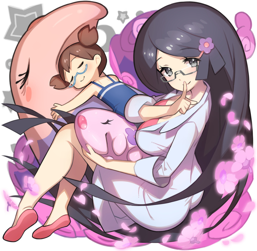 10s 2girls ass black_hair brown_hair finger_to_mouth flower full_body glasses hair_flower hair_ornament hairclip highres labcoat long_hair looking_at_viewer makomo_(pokemon) multiple_girls munna musharna petals pokemon pokemon_(game) pokemon_bw saitou_naoki school_kid_(pokemon) semi-rimless_glasses shouro_(pokemon) siblings sisters sleeping sleeves_rolled_up smile two_side_up very_long_hair