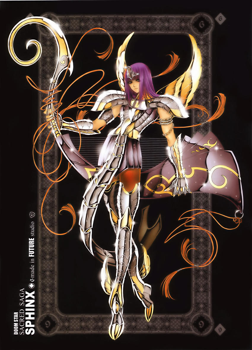 1boy armor armored_boots black_background future_studio_(artist) gauntlets gloves highres long_hair purple_hair sacred_saga saint_seiya solo sphinx_pharaoh