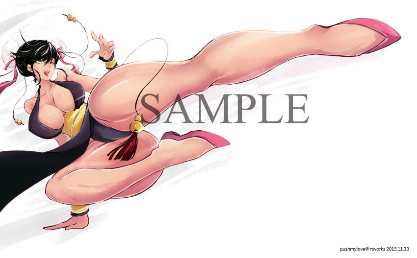1girl alternate_costume bare_legs bare_shoulders breasts capcom china_dress chinese_clothes chun-li cleavage dress female kicking large_breasts legs push!_(pushmylove) shiny shiny_skin short_hair sideboob solo street_fighter street_fighter_iv watermark