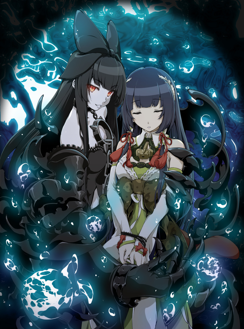 2girls air_bubble aka_ringo anchor_choker bangs bare_shoulders black_dress black_hair blue_hair blunt_bangs bound bound_arms bow breasts chains choker claws closed_eyes collar collarbone detached_sleeves dress feathers gothic_lolita green_bow green_dress grin hair_bow hair_feathers highres kantai_collection lolita_fashion long_hair long_sleeves looking_at_viewer mizuho_(kantai_collection) multiple_girls pale_skin parted_lips red_bow red_eyes restrained ribbon sash seaplane_tender_hime shinkaisei-kan sidelocks smile spiked_ring strapless_dress underwater very_long_hair white_ribbon