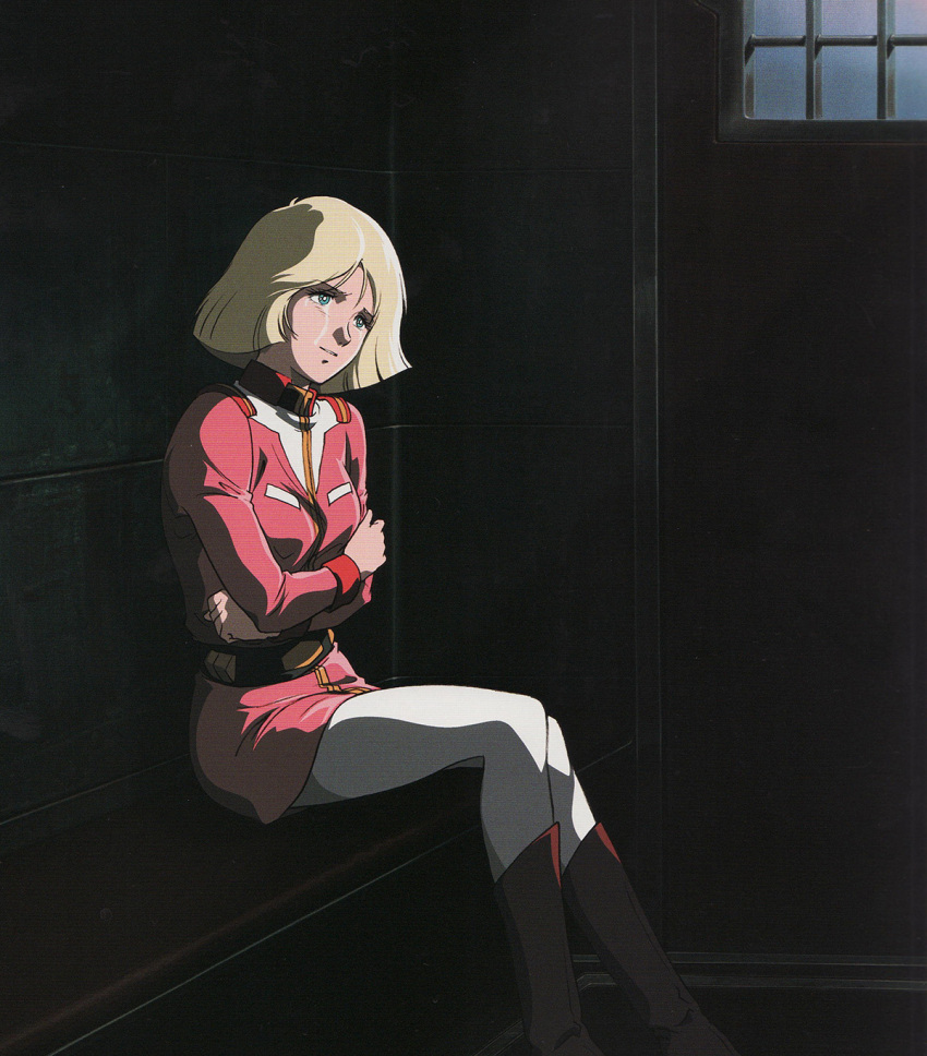 1girl blonde_hair boots cell crossed_arms female gundam indoors military military_uniform mobile_suit_gundam official_art sayla_mass sitting solo tears uniform