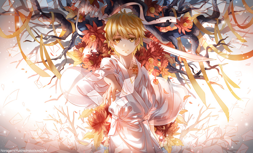 10s 1boy 2014 artist_name bandage bangs bare_tree blonde_hair body_writing branch character_name closed_mouth envelope flower instockeee instocklee looking_at_viewer male_focus noragami reaching red_flower ribbon solo sword transparent tree upper_body watermark weapon web_address white_kimono yellow_eyes yellow_ribbon yukine_(noragami)