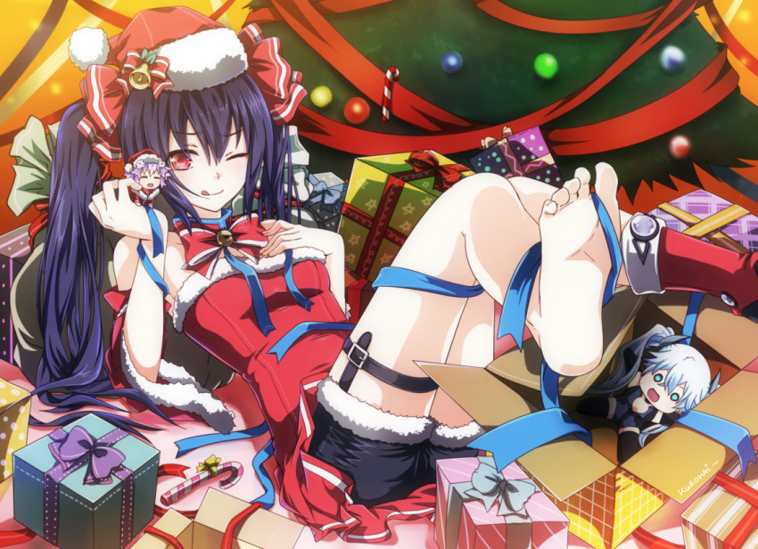 1girl bare_shoulders barefoot between_toes black_hair breasts choujigen_game_neptune christmas christmas_tree feet gift hair_ornament hat kuromai long_hair neptune_(choujigen_game_neptune) neptune_(series) noire red_eyes ribbon santa_hat single_shoe smile soles solo stuffed_animal stuffed_toy toes tongue tongue_out twintails