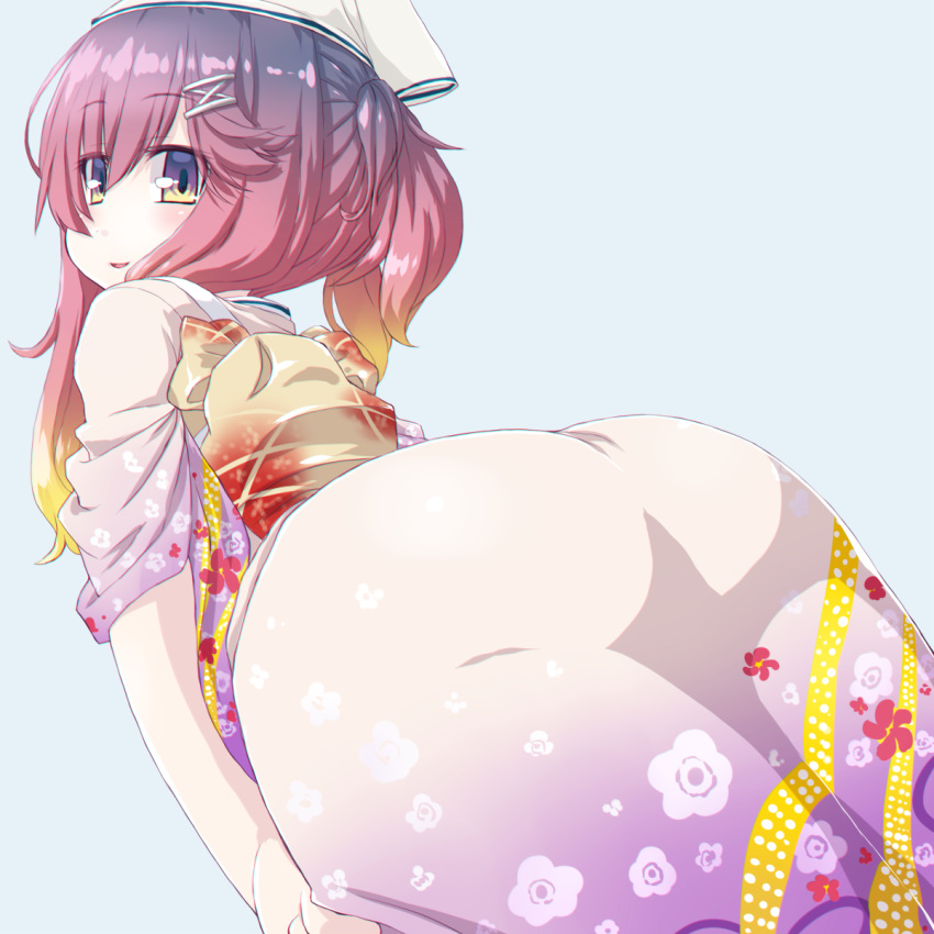 1girl ass blush commentary_request dd_(ijigendd) dutch_angle floral_print from_behind from_below gradient_hair hair_ornament hairclip hat highres japanese_clothes kantai_collection kimono long_hair looking_at_viewer looking_back multicolored multicolored_clothes multicolored_hair obi open_mouth purple_hair sailor_hat sash shiny shiny_hair shiny_skin short_sleeves smile solo standing tsushima_(kantai_collection) yellow_eyes