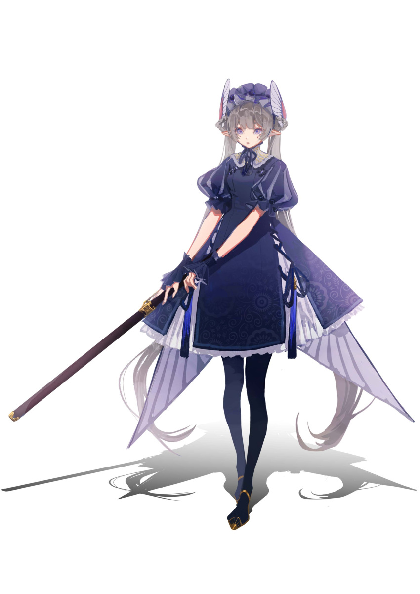 1girl absurdres blue_dress blue_headwear blue_pantyhose blue_theme bonnet braid breasts chin_strap cross-laced_clothes dlgeria dress floral_print frills full_body grey_hair hair_rings high_heels highres holding holding_sword holding_weapon long_hair looking_at_viewer mole mole_under_eye original pantyhose parted_lips pointy_ears puff_and_slash_sleeves puffy_short_sleeves puffy_sleeves shadow short_dress short_sleeves simple_background small_breasts solo standing sword tassel train_(clothing) twin_braids twintails very_long_hair violet_eyes weapon white_background wing_hair_ornament wrist_cuffs yellow_footwear