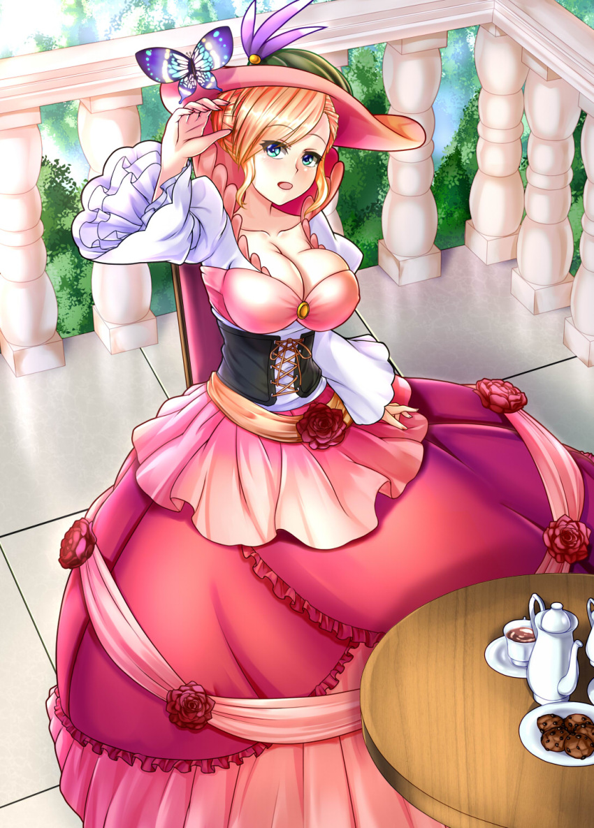 1girl biscuit blonde_hair blue_eyes blush breasts butterfly cleavage dress female food green_eyes hat highres large_breasts open_mouth original red_dress ryuuzouji_usagi solo tea tea_set teacup teapot