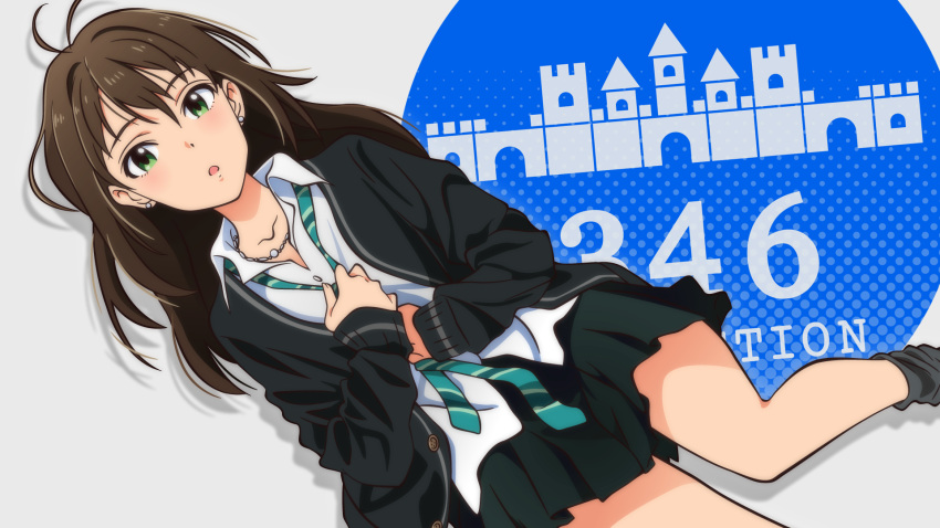 1girl :o akizuki_ritchan black_skirt blazer blush brown_hair collared_shirt earrings green_eyes green_necktie grey_background hand_on_own_chest hand_on_own_stomach highres idolmaster idolmaster_cinderella_girls jacket jewelry long_sleeves looking_at_viewer necklace necktie number open_blazer open_clothes open_jacket parted_lips shibuya_rin shirt simple_background skirt solo white_shirt
