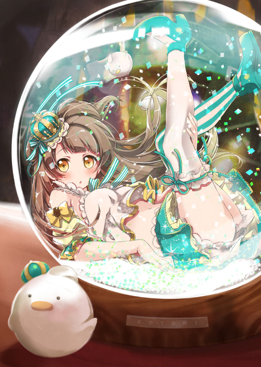 1girl :o animal aqua_skirt ass bangs bird bl blunt_bangs blush bow brown_hair character_name confetti crop_top crown detached_sleeves encasement floating_hair frilled_legwear frilled_skirt frills garters glass hair_bow hair_ribbon hekicha high_heels highres idol in_container lace lace-trimmed_skirt legs_up long_hair looking_at_viewer love_live! love_live!_school_idol_project lying midriff minami_kotori minami_kotori_(bird) minigirl miniskirt mismatched_legwear navel neck_ribbon on_back puffy_sleeves reflection ribbon shirt shoes side_ponytail skirt snow_globe solo striped striped_bow striped_legwear striped_ribbon vertical-striped_legwear vertical_stripes very_long_hair white_legwear white_shirt yellow_bow yellow_eyes