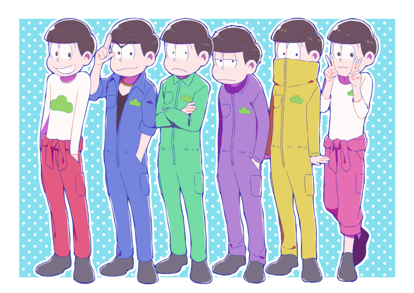 6+boys :&lt; :3 aqua_background bowl_cut brothers clothes_around_waist crossed_arms dokkoi_shoo hand_in_pocket high_collar jacket jacket_around_waist jitome jumpsuit lineup male_focus matsuno_choromatsu matsuno_ichimatsu matsuno_juushimatsu matsuno_jyushimatsu matsuno_karamatsu matsuno_osomatsu matsuno_todomatsu messy_hair multiple_boys osomatsu-kun osomatsu-san polka_dot polka_dot_background salute siblings smile two-finger_salute v