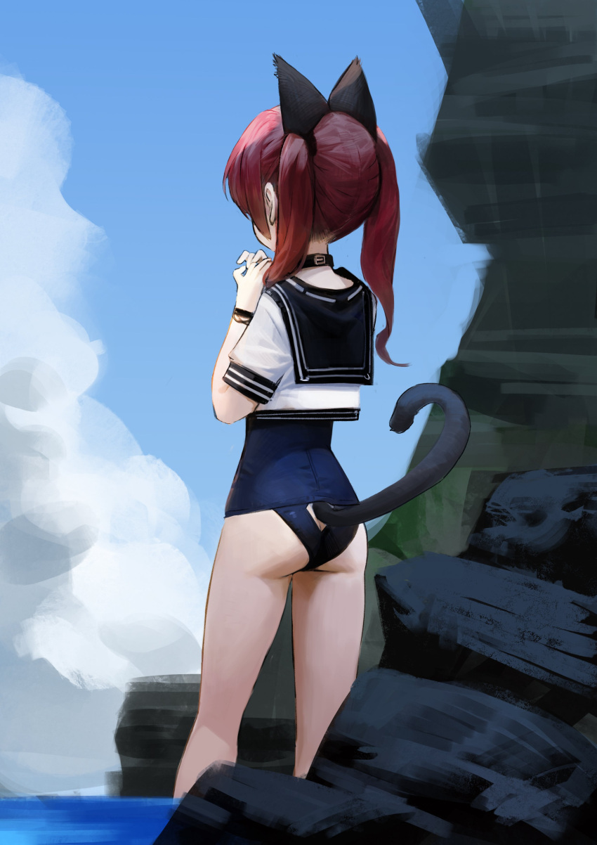 1girl absurdres animal_ears ass ass_cutout back blue_sky bracelet butt_crack cat_ears cat_tail choker clouds crop_top day dokshuri feet_out_of_frame from_behind highres jewelry long_hair ocean original outdoors own_hands_together pink_hair rock school_swimsuit school_uniform serafuku shirt short_sleeves sky solo standing swimsuit swimsuit_under_clothes tail tail_cutout twintails wading water