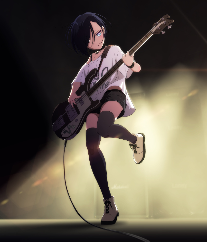1girl :o ankle_boots backlighting bad_id bare_shoulders bass_guitar black_hair black_legwear blue_eyes blush boots brown_boots cable choker collarbone electric_guitar full_body guitar hair_over_one_eye highres instrument jet_(jetpic) jewelry music off_shoulder one_leg_raised original parted_lips pendant playing_instrument rickenbacker shirt short_hair short_sleeves shorts solo standing standing_on_one_leg thigh-highs white_shirt