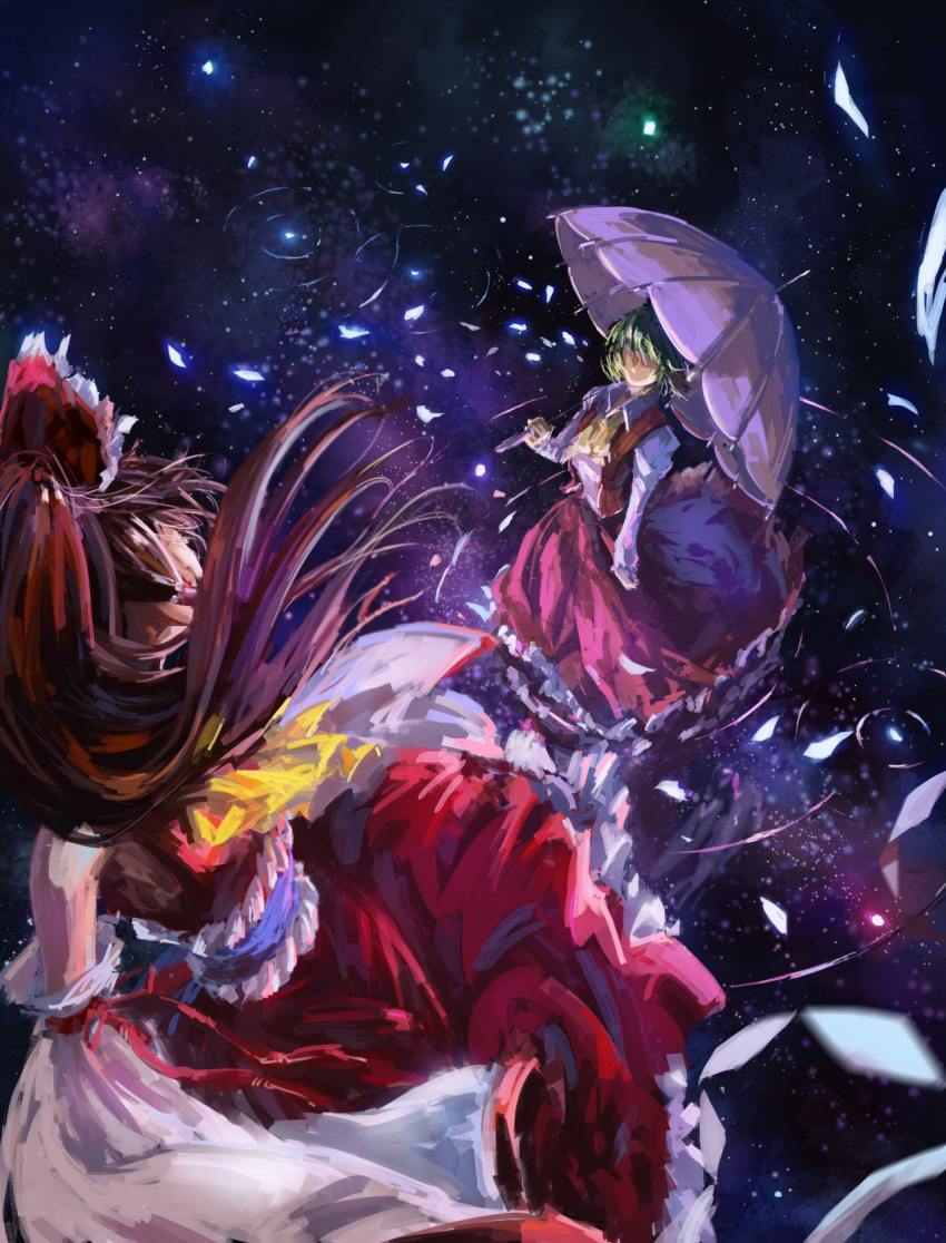 2girls arm_at_side arm_ribbon ascot bow breasts brown_hair collared_shirt detached_sleeves dress faceless floating foreshortening frilled_skirt frills glowing gohei green_hair hair_bow hair_tubes hakurei_reimu highres holding holding_umbrella kazami_yuuka long_ponytail long_skirt long_sleeves looking_at_another looking_down looking_to_the_side looking_up multiple_girls night night_sky obi open_clothes open_vest petals plaid plaid_skirt plaid_vest red_dress reflection ribbon ripples sash shirt short_hair skirt sky sleeveless sleeveless_dress song_ren standing standing_on_liquid standing_on_water star_(sky) starry_sky touhou umbrella vest wide_sleeves wind