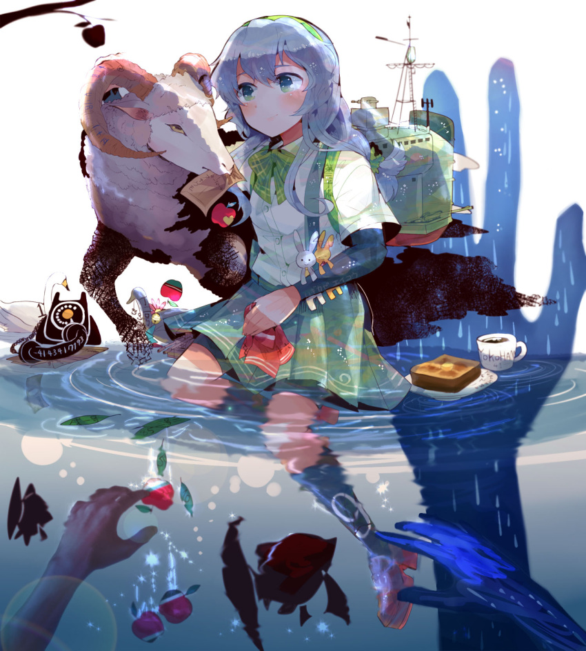 1girl annotation_request braid coffee cup goat hairband hands highres horns itomugi-kun kantai_collection long_hair machinery pleated_skirt rotary_phone school_uniform silver_hair skirt smile suspenders toast underwater yamagumo_(kantai_collection)