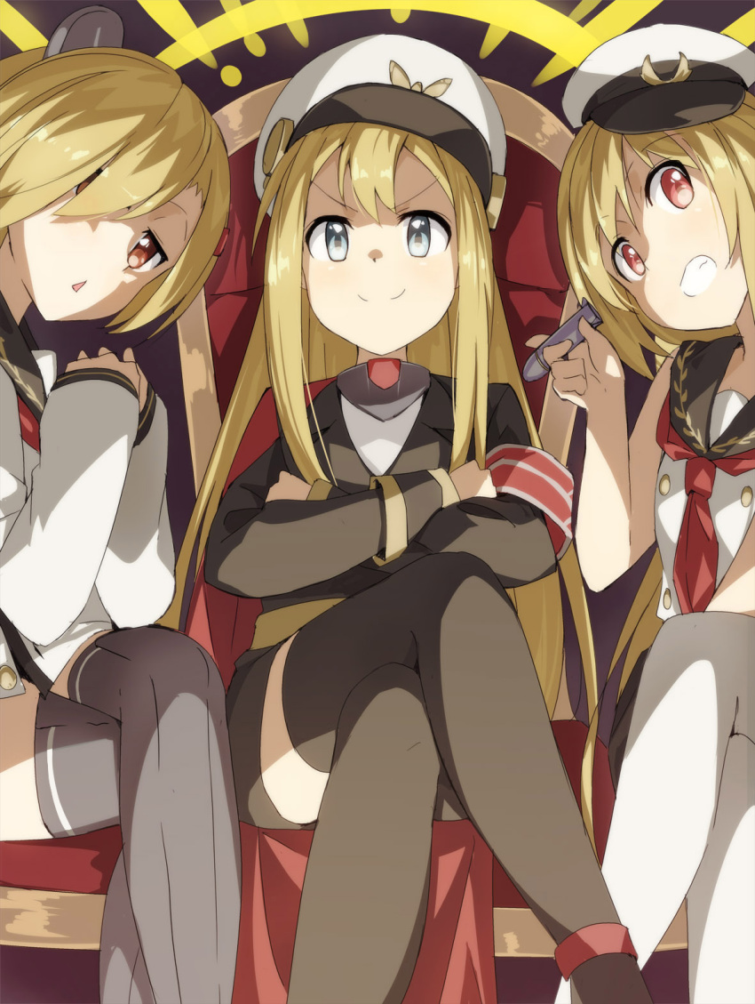 &gt;:) 3girls admiral_scheer_(zhan_jian_shao_nyu) arm_up armband bangs black_jacket black_legwear blonde_hair blue_eyes breasts buttons chair closed_mouth crossed_arms deutschland_(zhan_jian_shao_nyu) double-breasted dress flat_chest graf_spee_(zhan_jian_shao_nyu) grin hair_ornament hair_over_one_eye hairclip hands_clasped hat headgear highres holding insignia jacket legs_crossed long_hair long_sleeves looking_at_viewer military military_hat military_uniform multiple_girls peaked_cap red_cape red_eyes sailor sailor_dress shirt short_hair sitting sleeveless small_breasts smile smug swept_bangs teeth thigh-highs tomato_(lsj44867) torpedo uniform white_hat white_legwear white_shirt zettai_ryouiki zhan_jian_shao_nyu
