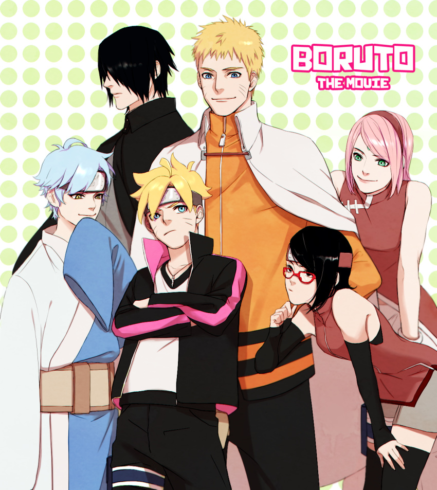 2girls 3boys aqua_hair black_hair blonde_hair blue_eyes boruto:_the_movie cape facial_mark father_and_daughter father_and_son forehead_mark forehead_protector glasses green_eyes haruno_sakura kris_yang mitsuki_(naruto) mother_and_daughter multiple_boys multiple_girls naruto pink_hair spiky_hair uchiha_sarada uchiha_sasuke uzumaki_boruto uzumaki_naruto