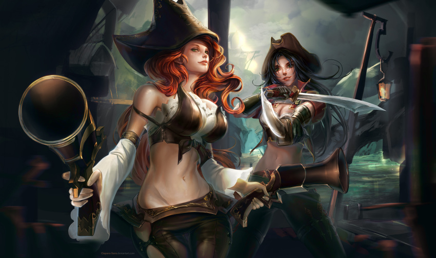 2girls bare_shoulders black_hair breasts cleavage detached_sleeves dual_wielding gun handgun hat katarina_du_couteau large_breasts league_of_legends long_hair looking_at_viewer midriff multiple_girls navel phong_anh pirate pirate_hat redhead sarah_fortune smile sword weapon
