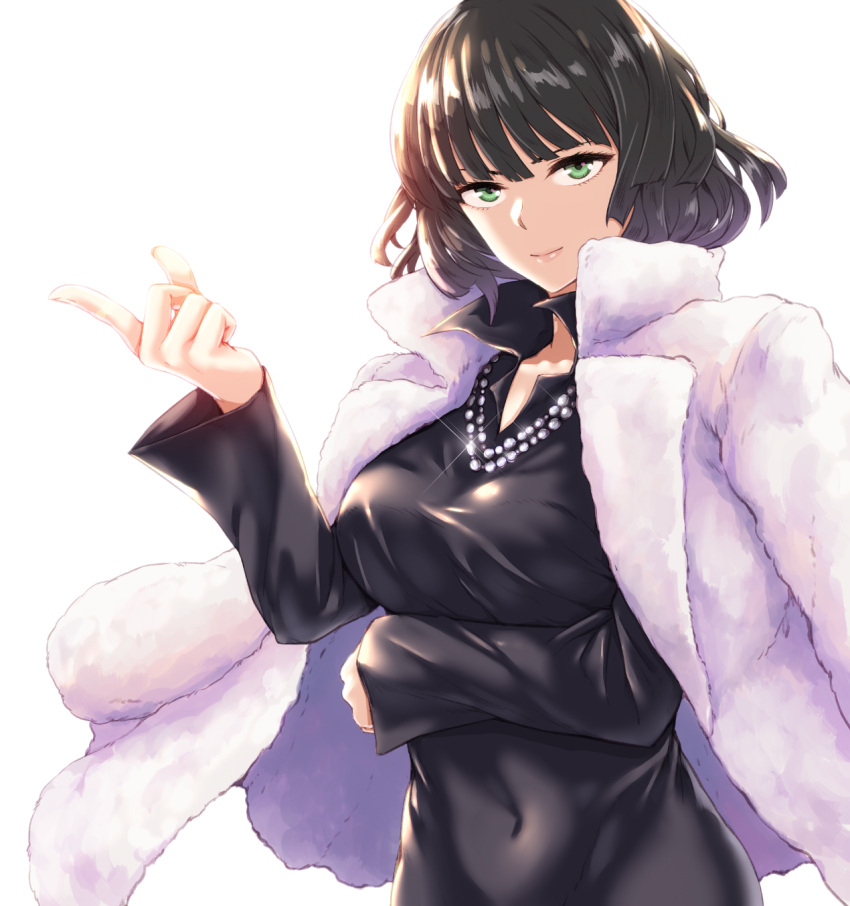1girl black_dress black_hair breasts covered_navel dress female fubuki_(one-punch_man) green_eyes highres infinote jewelry large_breasts necklace one-punch_man short_hair solo