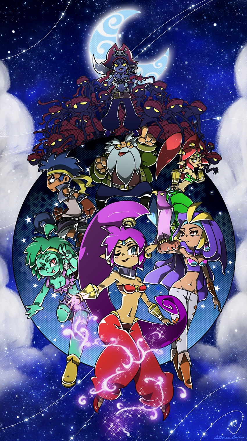 2boys 6+girls bandanna beard bolo_(shantae) breasts bridal_gauntlets cleavage dark_skin everyone facial_hair green_hair green_skin hairband headband hood magic midair midriff mimic_(shantae) moon multiple_boys multiple_girls navel night night_sky pointy_ears risky_boots rottytops shantae shantae:_half-genie_hero shantae_(character) sky sky_(shantae) sparkle star_(sky) starry_sky stitches super_caterina sword tinkerbat wrench_(shantae) zombie