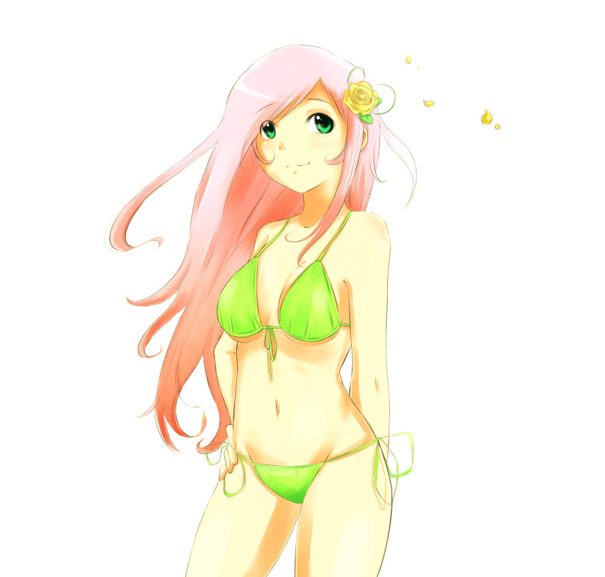 1girl absurdres arm_behind_back bikini breasts cowboy_shot flower fluttershy front-tie_top green_eyes groin hair_flower hair_ornament hand_on_hip highres long_hair my_little_pony my_little_pony_friendship_is_magic navel petals pink_hair rose rose_petals side-tie_bottom simple_background smile solo swimsuit under_boob white_background yellow_rose