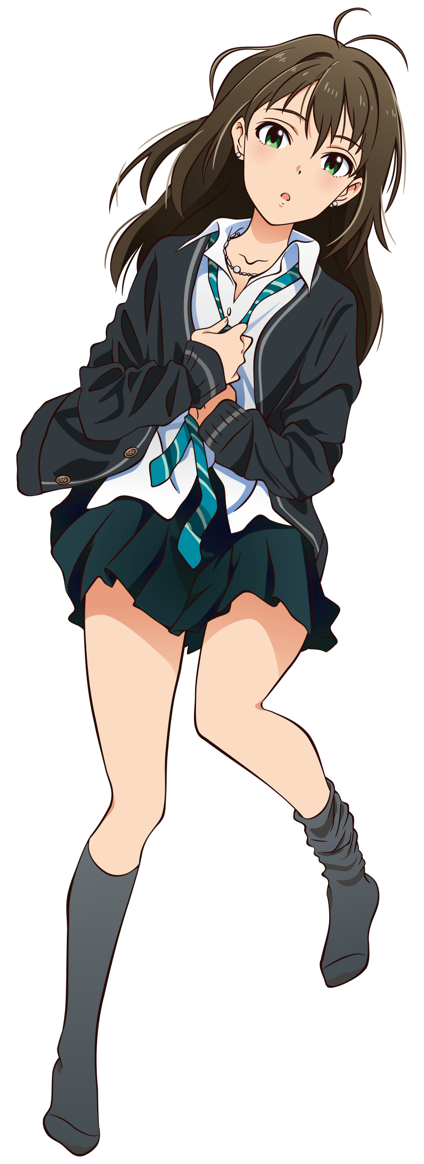 1girl absurdres akizuki_ritchan blush brown_hair cardigan green_eyes highres idolmaster idolmaster_cinderella_girls long_hair looking_at_viewer necktie open_mouth school_uniform shibuya_rin solo vector_trace