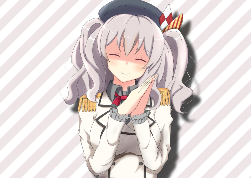 1girl ^_^ closed_eyes diagonal_stripes epaulettes frilled_sleeves frills hands_together head_tilt highres kantai_collection kashima_(kantai_collection) onoderaiser ribbon silver_hair solo striped striped_background twintails