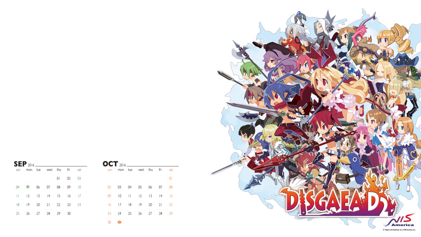 2016 6+boys 6+girls animal antenna_hair archer_(disgaea) armor arms_up axe beast_master_(disgaea) belt bird black_hair blonde_hair blue_eyes blue_hair blush brown_eyes brown_hair calendar company_name copyright_name disgaea disgaea_d2 empty_eyes etna everyone fang fangs female_angel_(disgaea) female_brawler_(disgaea) female_warrior_(disgaea) flonne flonne_(fallen_angel) full_body fur_trim goggles goggles_on_hat gradient green_eyes green_hair gunner_(disgaea) hairband halberd harada_takehito healer_(disgaea) heavy_knight_(disgaea) highres laharl logo mage_(disgaea) magic_knight_(disgaea) male_angel_(disgaea) male_brawler_(disgaea) male_healer_(disgaea) male_warrior_(disgaea) masked_hero_(disgaea) multiple_boys multiple_girls navel ninja_(disgaea) official_art onmyo_monk_(disgaea) open_mouth penguin polearm prinny purple_hair red_eyes redhead rod ronin_(disgaea) serious shaman_(disgaea) short_shorts shorts sicily_(disgaea) silver_hair simple_background skull_(disgaea) smile spear staff sword teeth thief_(disgaea) violet_eyes wallpaper wand weapon white_background widescreen wings