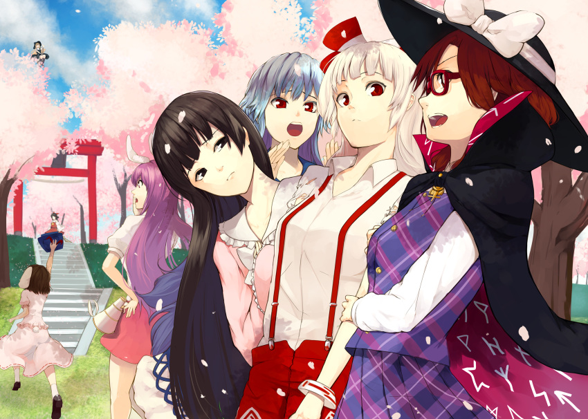 6+girls albino animal_ears arm_grab back bangs black_eyes black_hair blonde_hair blue_dress blue_hair blue_sky bow broom broom_riding brown_eyes brown_hair bunny_tail cape cherry_blossoms closed_mouth clothes_writing clouds collared_shirt dress dress_shirt faceless flying frown fujiwara_no_mokou girl_sandwich glasses grass hair_bow hakurei_reimu hand_on_hip hand_up hat hat_bow hat_ribbon head_tilt highres houmatu_awa houraisan_kaguya inaba_tewi japanese_clothes kamishirasawa_keine kirisame_marisa lineup long_hair long_sleeves looking_at_another looking_at_viewer looking_to_the_side low_twintails megaphone miko multiple_girls ofuda open_mouth outdoors pants petals plaid plaid_skirt purple_hair rabbit_ears raised_hand red-framed_eyewear red-framed_glasses red_eyes red_pants red_skirt reisen_udongein_inaba ribbon sandwiched shirt short_hair short_sleeves silver_hair skirt skirt_set sky sleeves_past_wrists smile socks stairs suspenders tail teeth tongue torii touhou tree twintails usami_sumireko very_long_hair waving white_bow white_hair white_legwear white_ribbon white_shirt wide_sleeves witch_hat