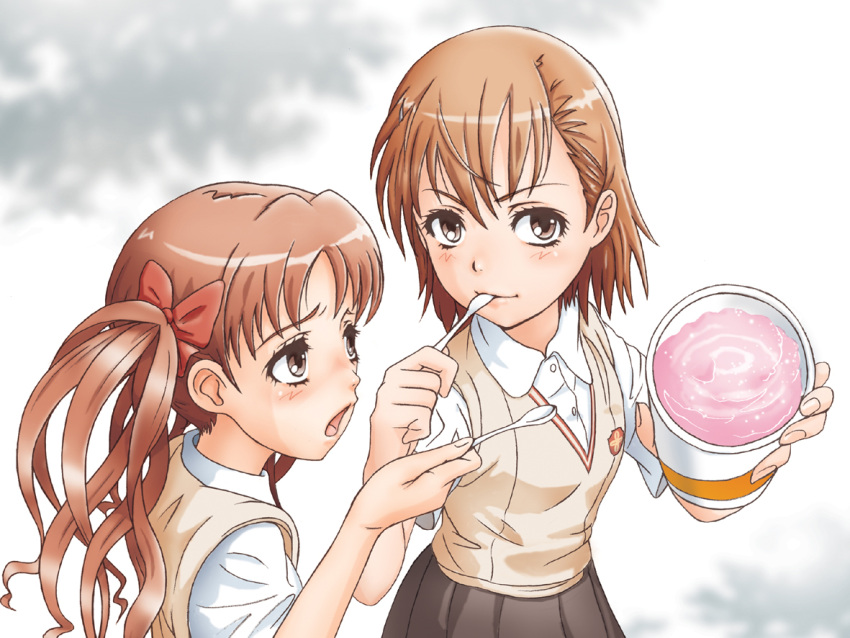 brown_hair dessert food long_hair misaka_mikoto pov pov_feeding school_uniform shirai_kuroko short_hair spoon sweater_vest to_aru_kagaku_no_railgun to_aru_majutsu_no_index twintails yoshikawa_kazunori yoshizou