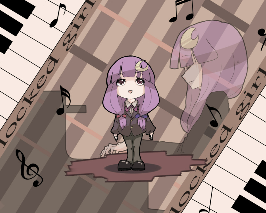 formal grand_piano instrument musical_note pant_suit patchouli_knowledge piano piano_keys purple_eyes purple_hair short_hair solo suit touhou violet_eyes