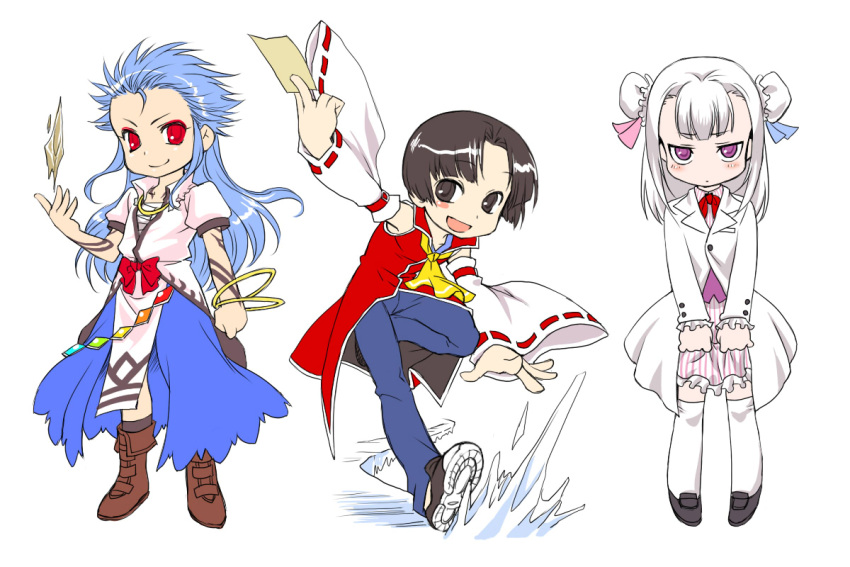 blue_hair boots brown_eyes brown_hair bun_cover crossover detached_sleeves double_bun esaka hakurei_reimu hinanawi_tenshi iceman iceman_(x-men) if_they_mated king_of_fighters long_hair m.u.g.e.n magaki(kof) magaki_(kof) marvel mukai_(king_of_fighters) mukai_(kof) patchouli_knowledge purple_eyes sarashi short_hair snk thigh-highs thighhighs touhou violet_eyes white_hair x-men