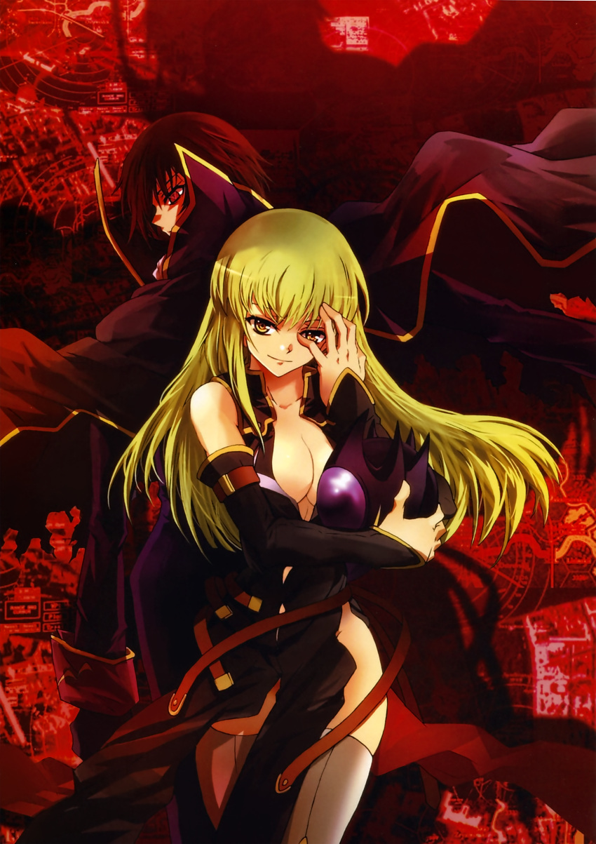 breasts c.c. cc cleavage code_geass green_hair highres huge_filesize lelouch_lamperouge thigh-highs thighhighs ueda_yumehito yellow_eyes zero_(code_geass)