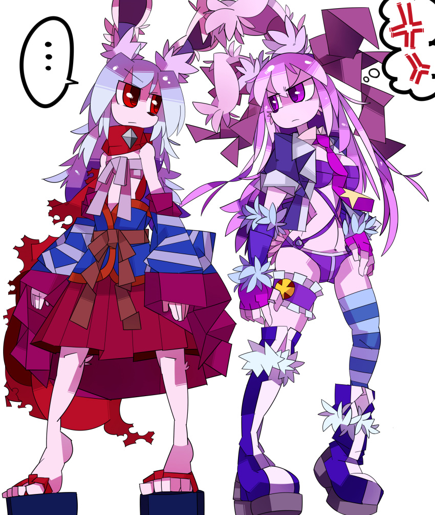 2girls angry artist_request blue_hair furry japanese_clothes long_hair multiple_girls purple_hair rabbit red_eyes staring violet_eyes