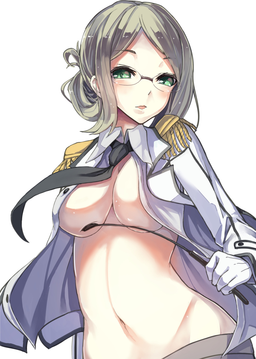 1girl breasts cleavage epaulettes glasses gloves green_eyes highres kantai_collection katori_(kantai_collection) konkito military military_uniform riding_crop solo under_boob uniform