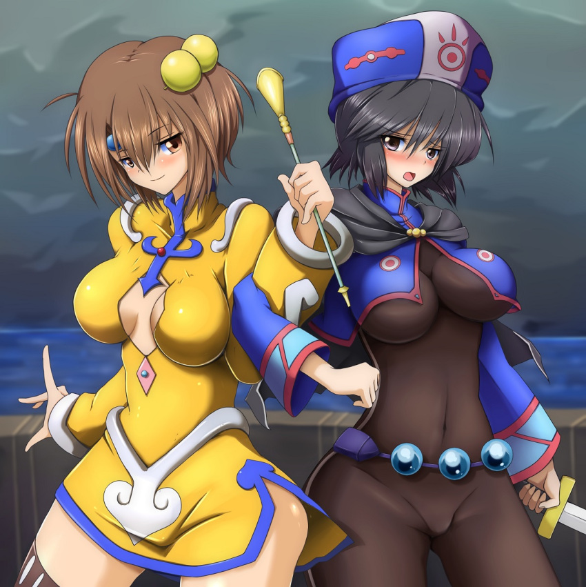 2girls ass belt black_hair blush bodysuit boots breasts brown_eyes brown_hair cape chloe_valens cleavage_cutout dress hair_ornament hat jacket multiple_girls norma_beatty oyashimakanya short_hair smile sword tales_of_(series) tales_of_legendia thigh_boots weapon