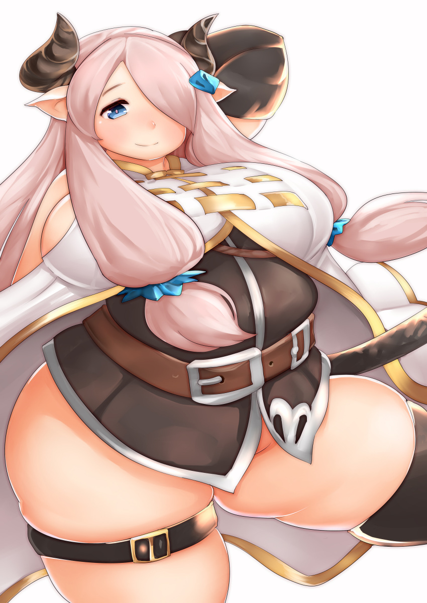 1girl bare_shoulders blue_eyes blush breasts cow_girl cow_horns cropped_legs dress fat female fusa_(starless2323) granblue_fantasy hair_over_one_eye horns huge_breasts lavender_hair long_hair looking_at_viewer narumeia_(granblue_fantasy) no_panties plump pointy_ears short_dress sideboob simple_background skindentation smile solo sword thick_thighs thigh-highs thigh_strap weapon wide_hips