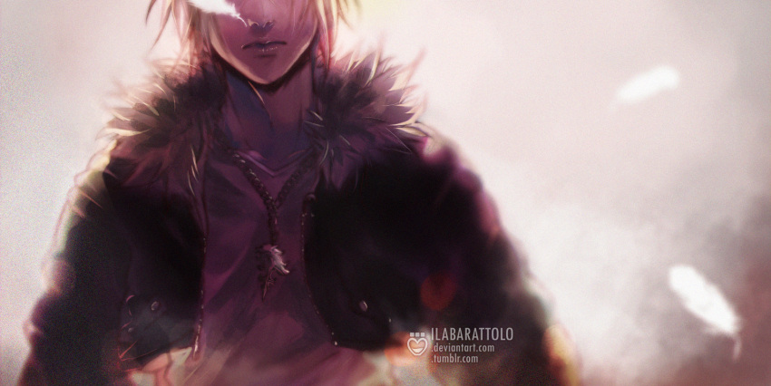 1boy backlighting cropped_jacket emblem feather final_fantasy final_fantasy_viii fur_trim head_out_of_frame ilabarattolo jacket jewelry necklace solo squall_leonhart upper_body
